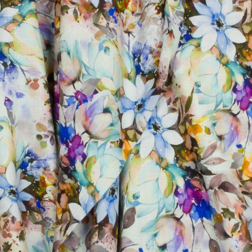 Viscose linnen met multicolor aquarel bloemenprint